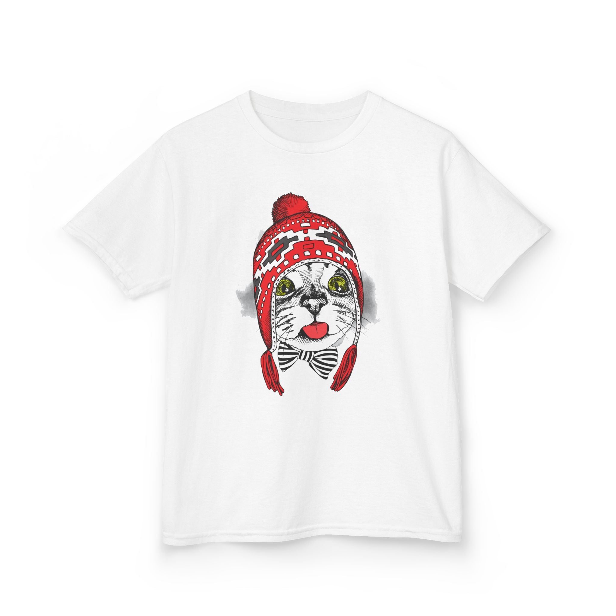 Kids Tee — Cat in Red Winter Hat & Bow Tie Holiday Shirt