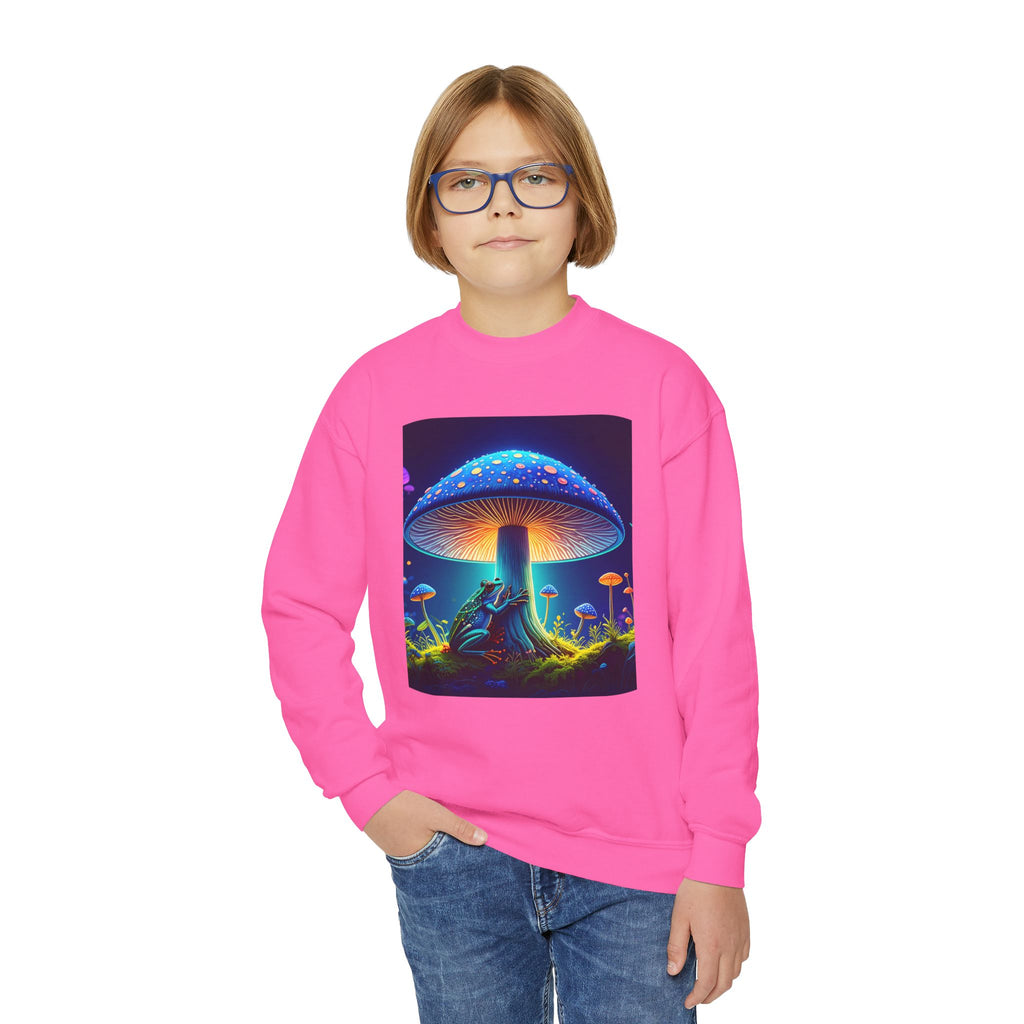 Youth Crewneck Sweatshirt — Neon Mushroom Fantasy Graphic