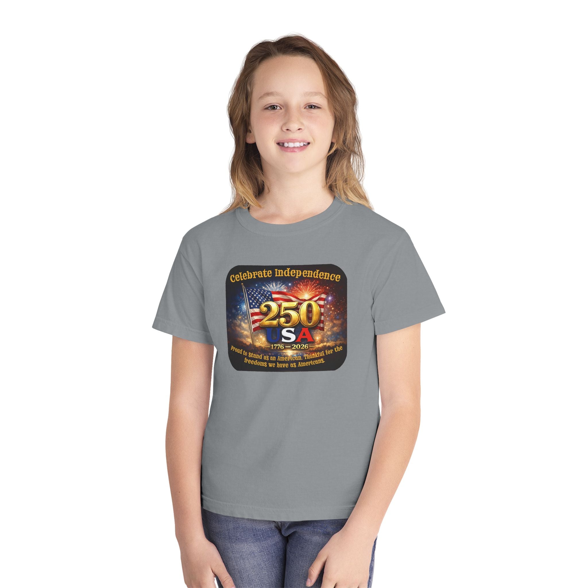 Youth Tee — "Celebrate Independence 250 USA" Patriotic Fireworks T-Shirt