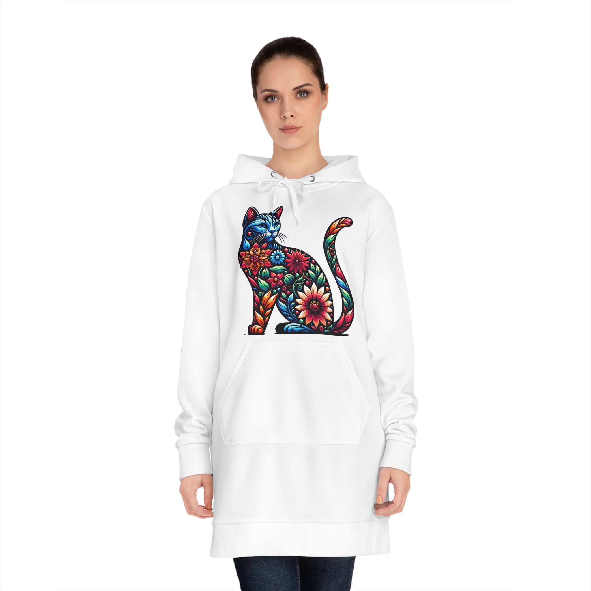 Floral Mosaic Cat Hoodie Dress – Colorful Boho Cat Graphic Sweatshirt Dress
