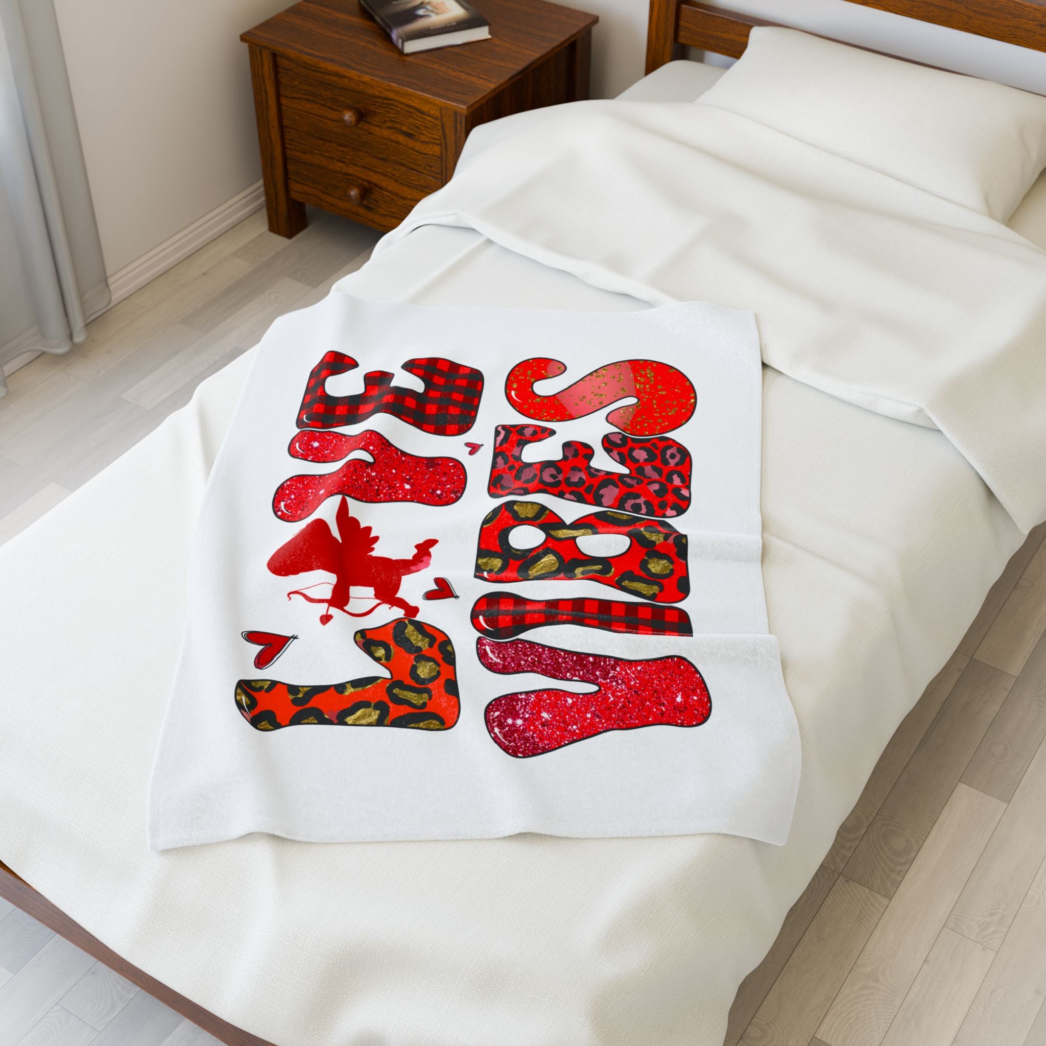 Valentine’s Love Birds Velveteen Plush Blanket — Red Buffalo Check & Leopard Heart Design