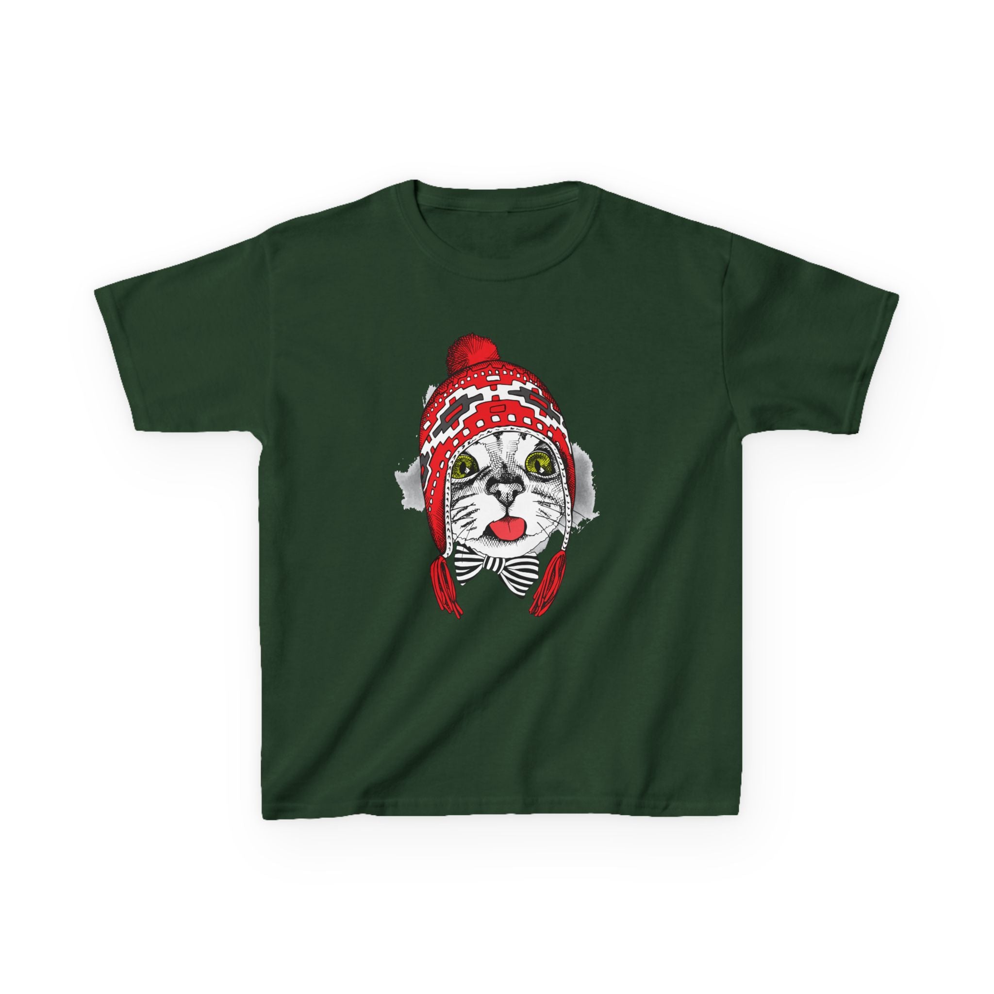 Kids Tee — Cat in Red Winter Hat & Bow Tie Holiday Shirt