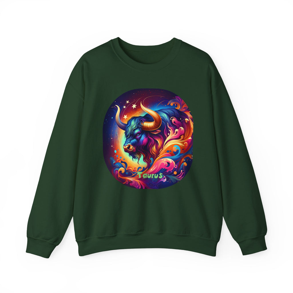 Taurus Zodiac Crewneck Sweatshirt — Vibrant Neon Bull Astrology Sweatshirt