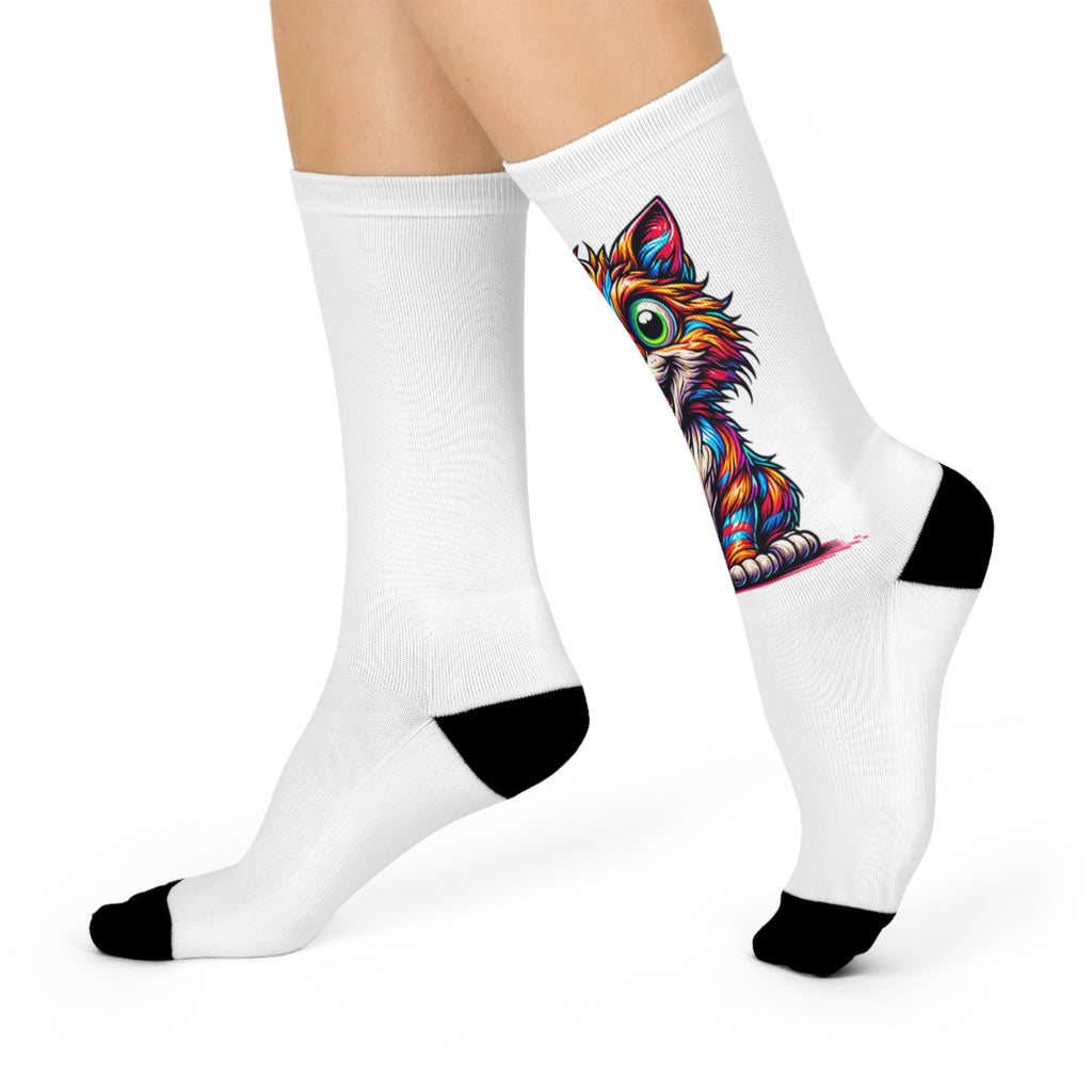 Psychedelic 70s Cat Cushioned Crew Socks — Retro Colorful Vibes