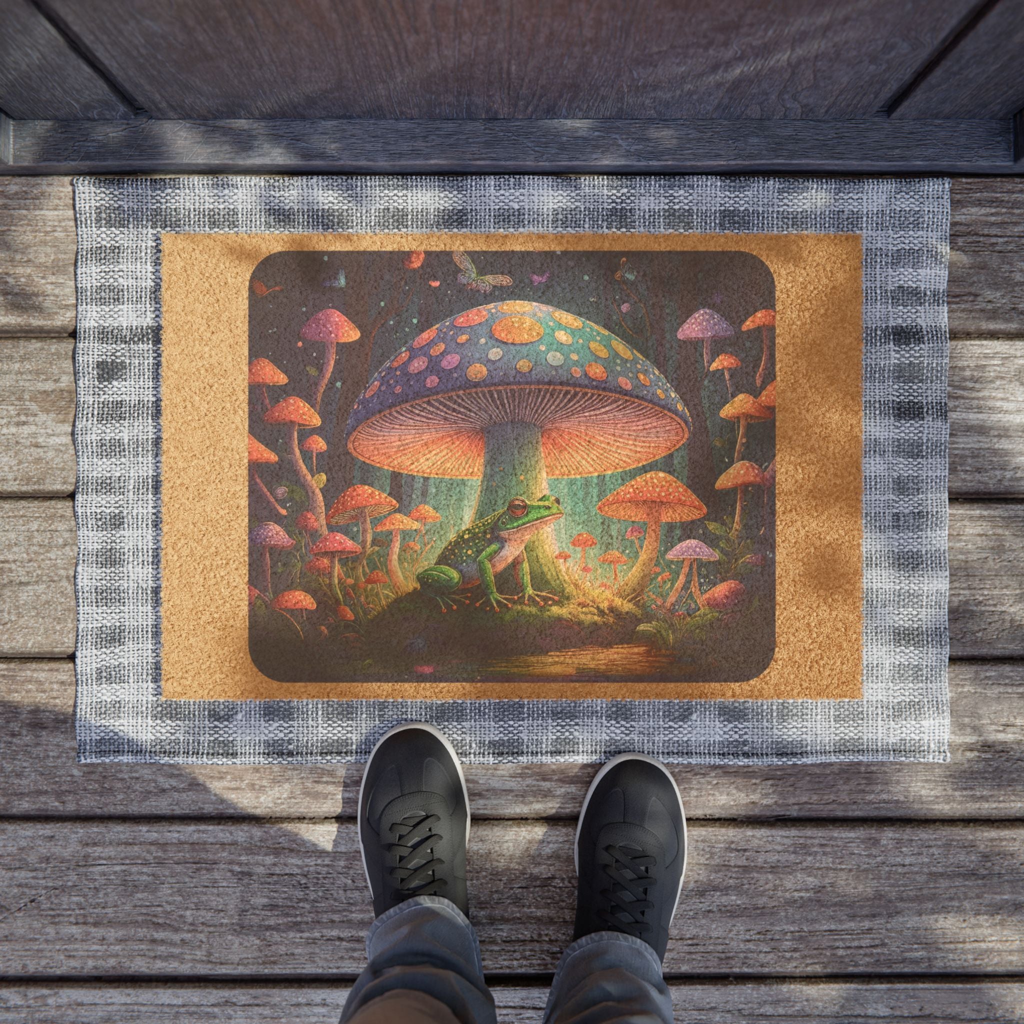 Magical Mushroom Frog Doormat — Whimsical Forest Welcome Mat
