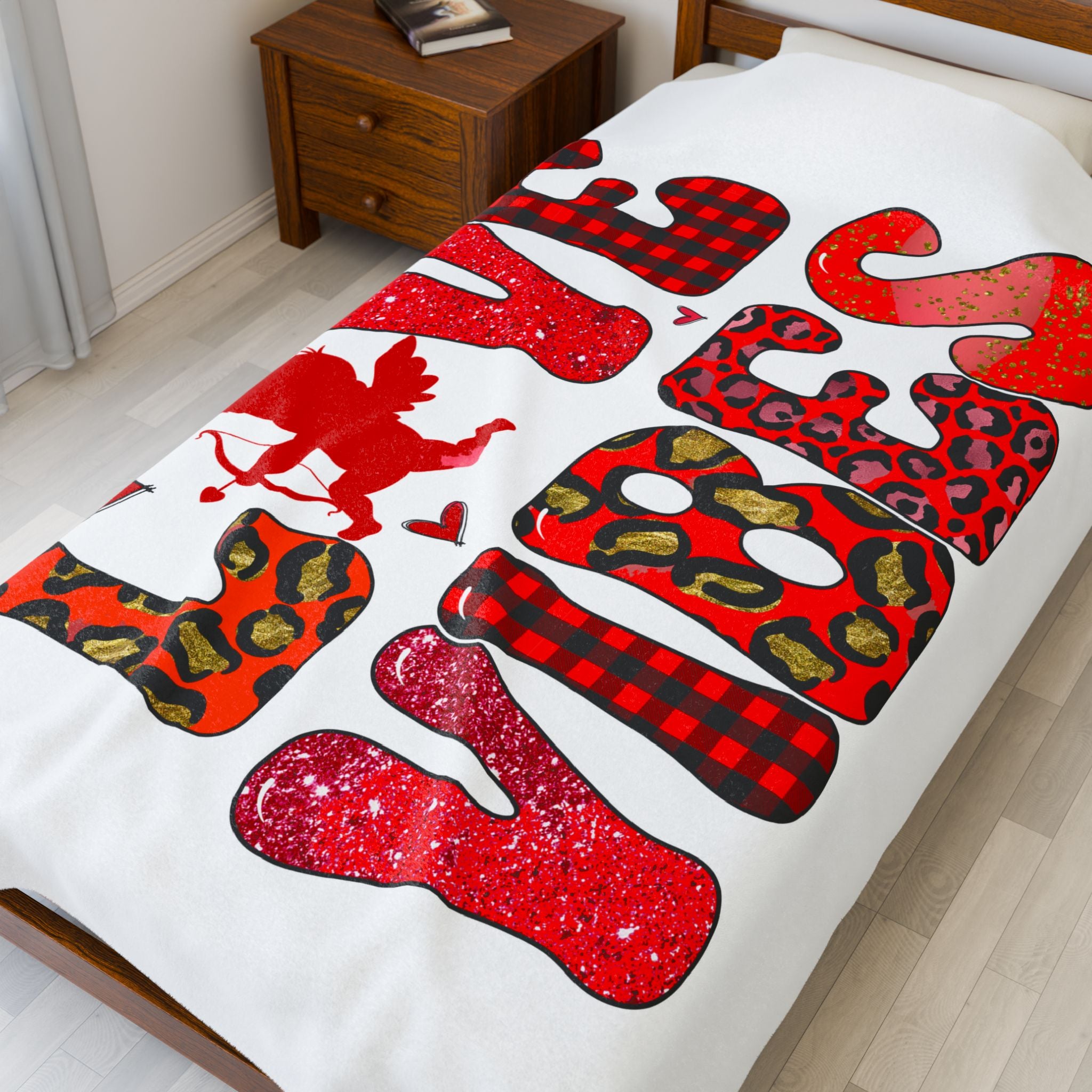 Valentine’s Love Birds Velveteen Plush Blanket — Red Buffalo Check & Leopard Heart Design