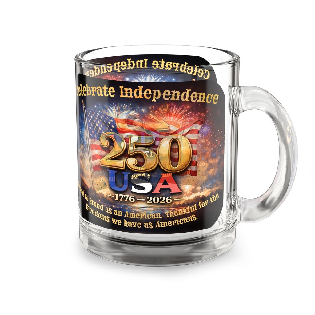250th USA Independence Glass Mug — Celebrate Independence Day 1776–2026, Patriotic American Flag & Fireworks Coffee Cup