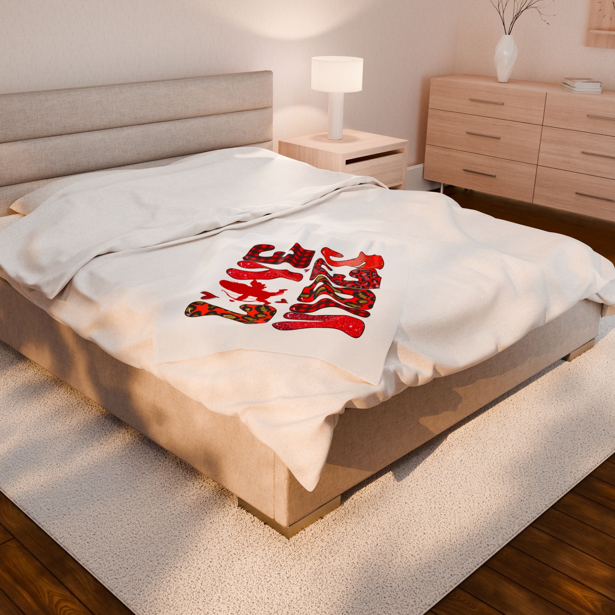 Valentine’s Love Birds Velveteen Plush Blanket — Red Buffalo Check & Leopard Heart Design