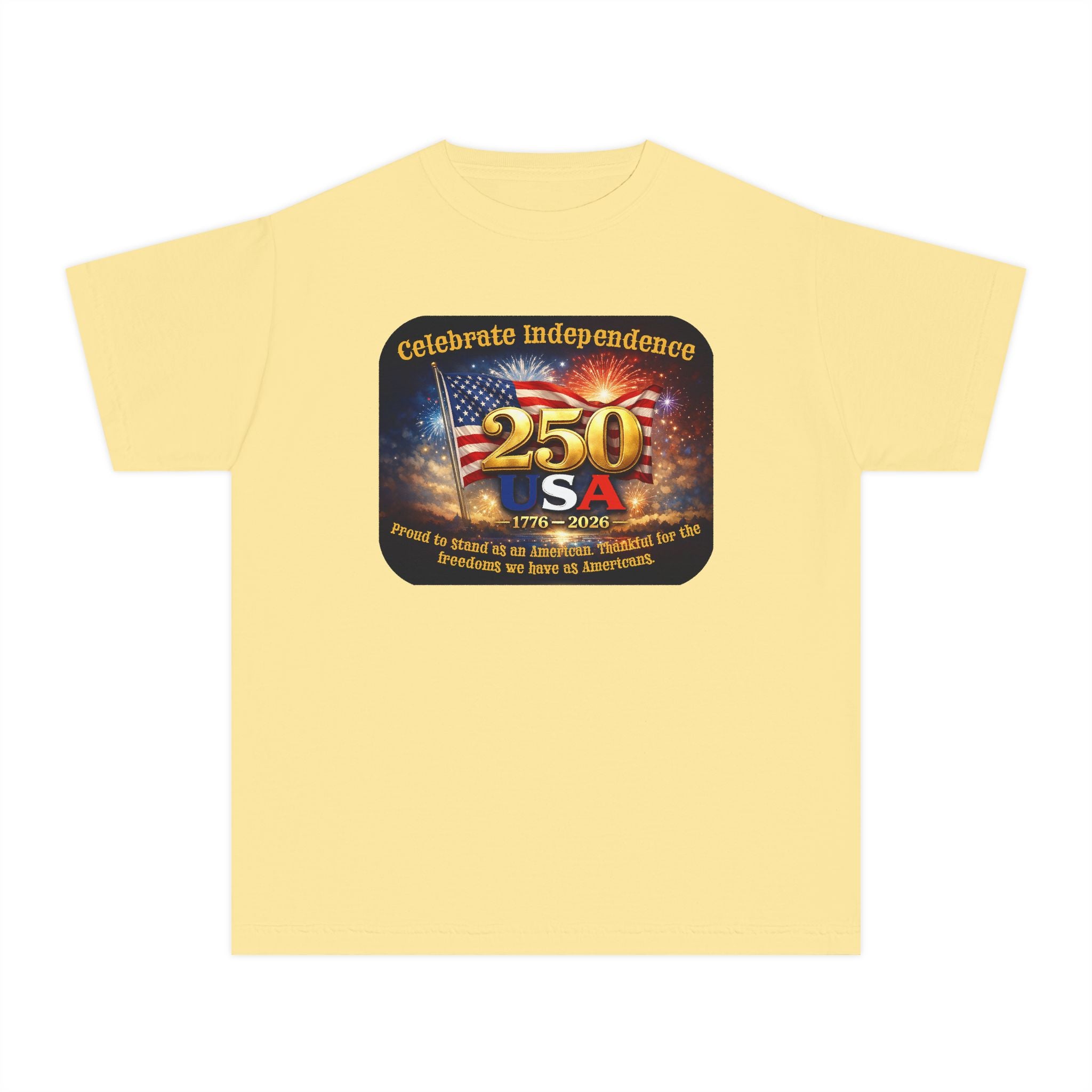 Youth Tee — "Celebrate Independence 250 USA" Patriotic Fireworks T-Shirt