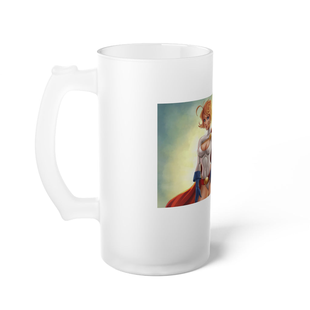 Frosted Glass Beer Mug — Retro Superhero Pin-Up Art