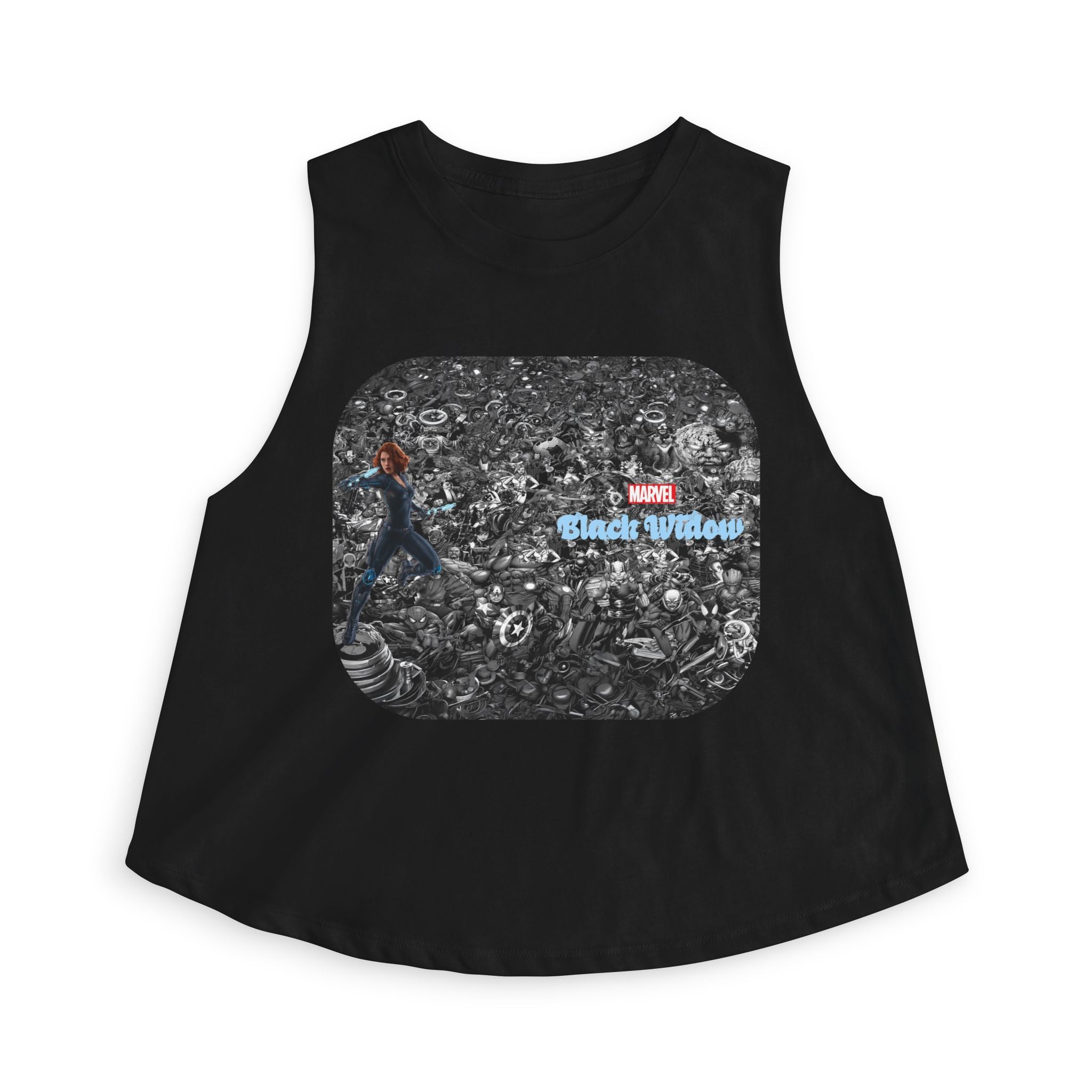Black Widow Marvel Crop Top — Vintage Comic Collage Women’s Tank