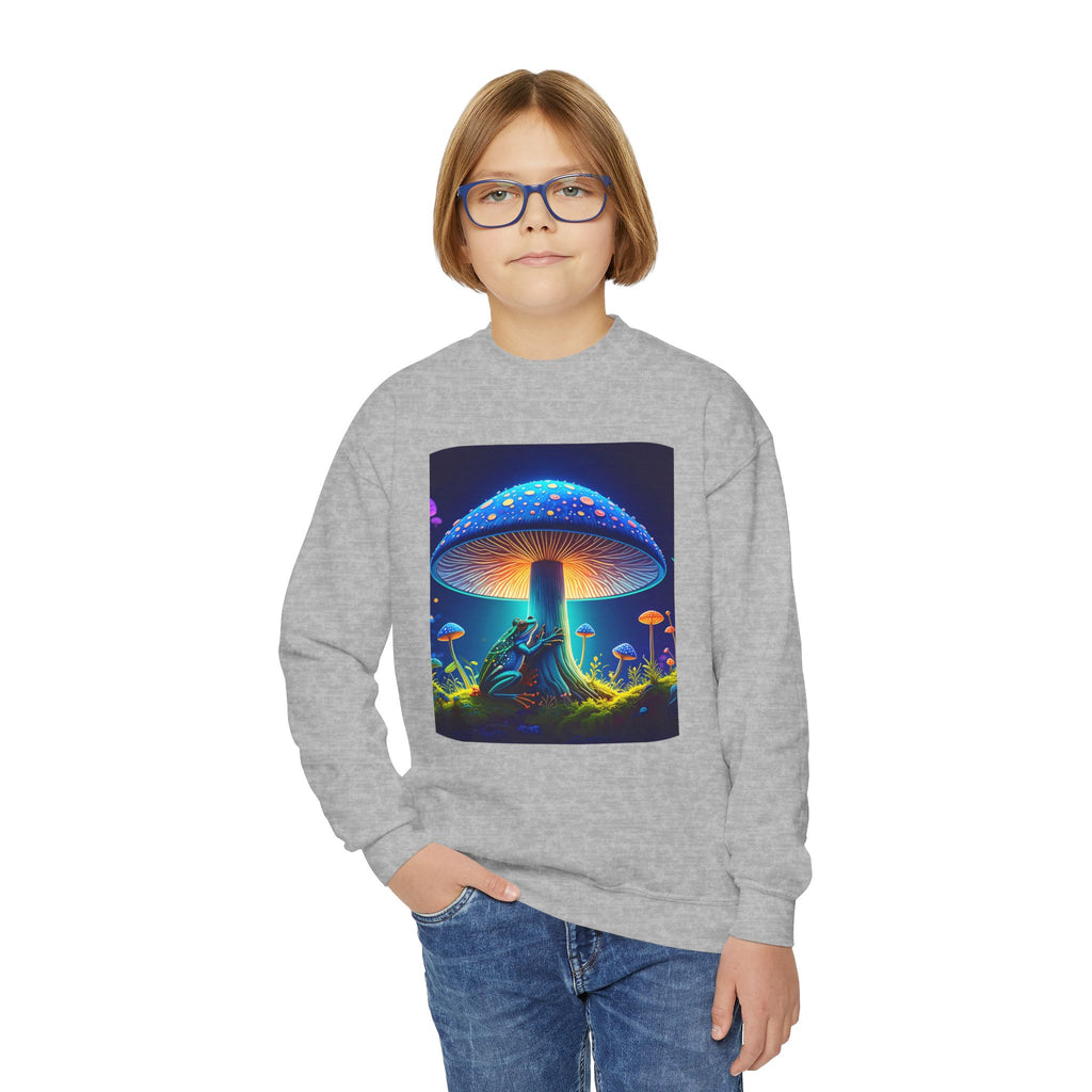 Youth Crewneck Sweatshirt — Neon Mushroom Fantasy Graphic