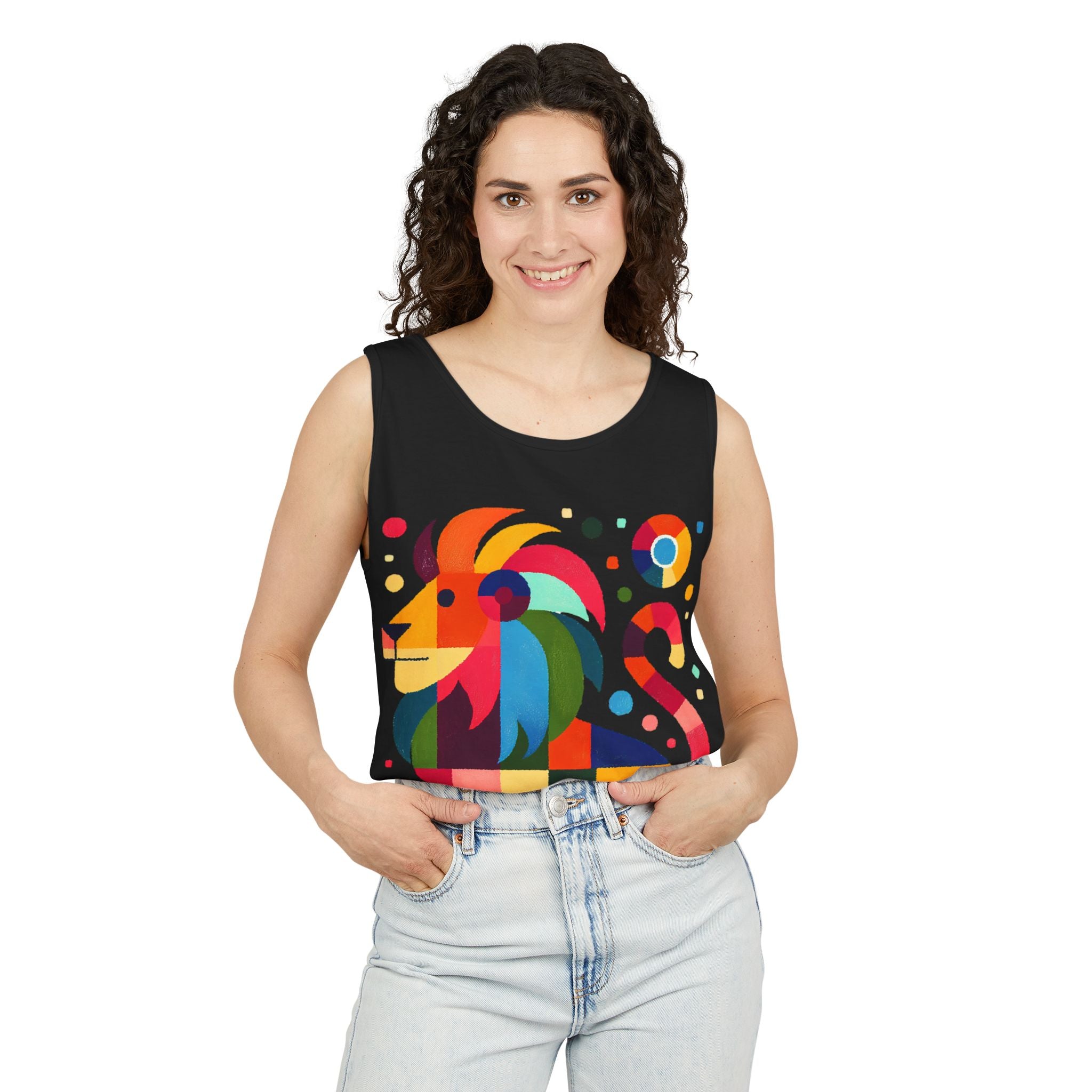 Colorful Geometric Lion Tank Top — Vibrant Pride & Zodiac Leo Graphic Tank