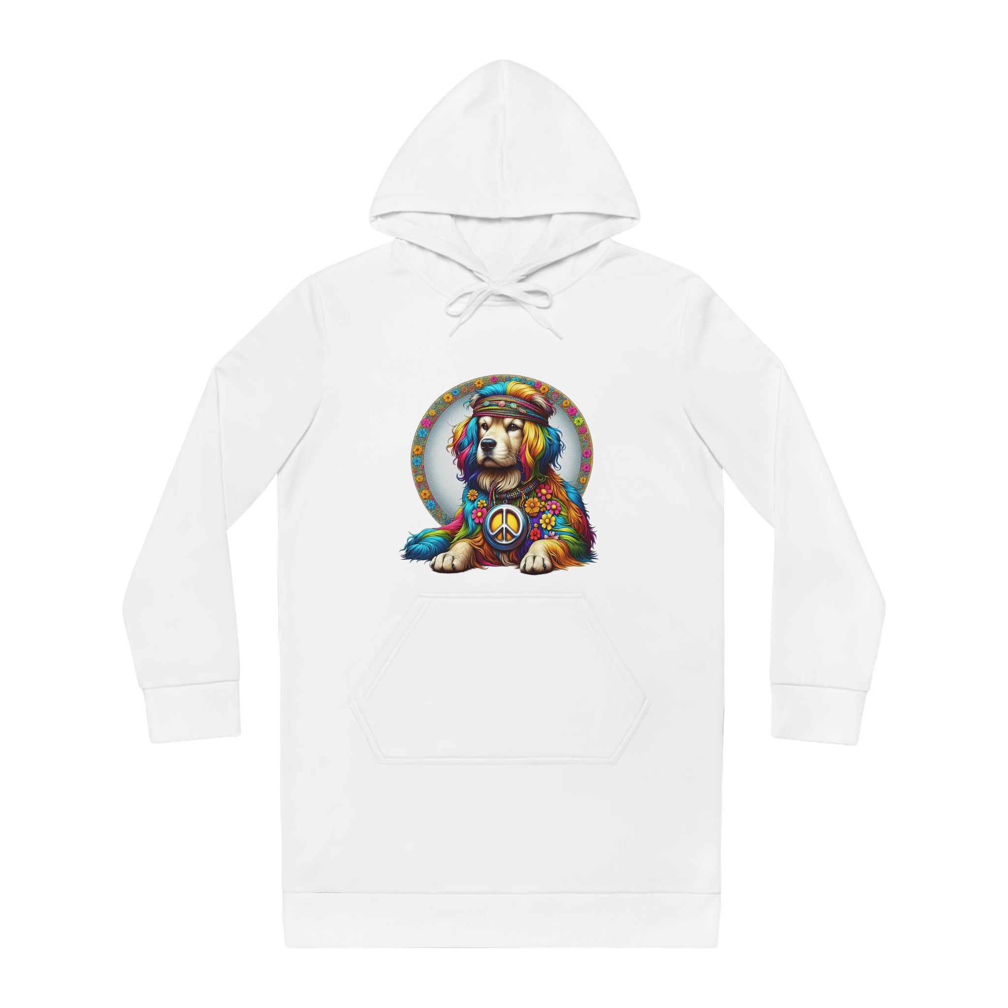 Hippie Golden Retriever Hoodie Dress — Peace Sign Tie-Dye Dog Graphic