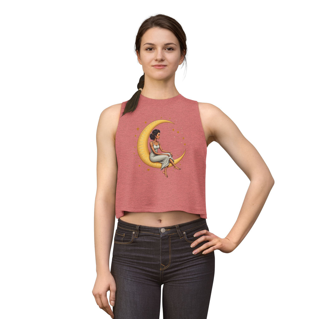 Moon Goddess Crop Top — Black Woman Sitting on Crescent Moon Graphic