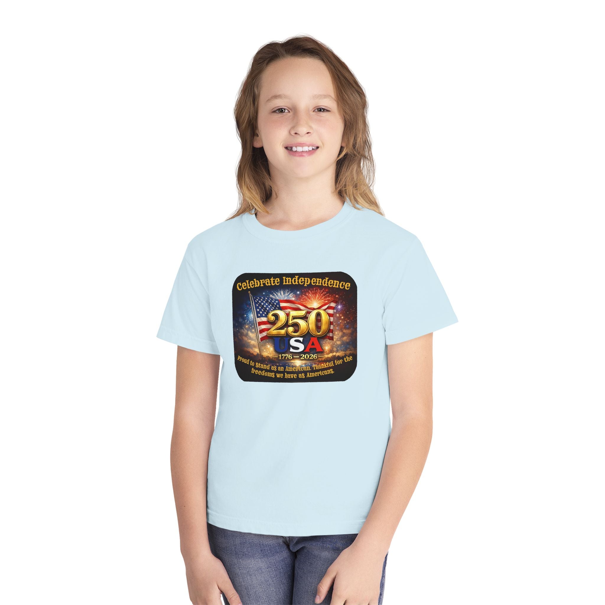 Youth Tee — "Celebrate Independence 250 USA" Patriotic Fireworks T-Shirt