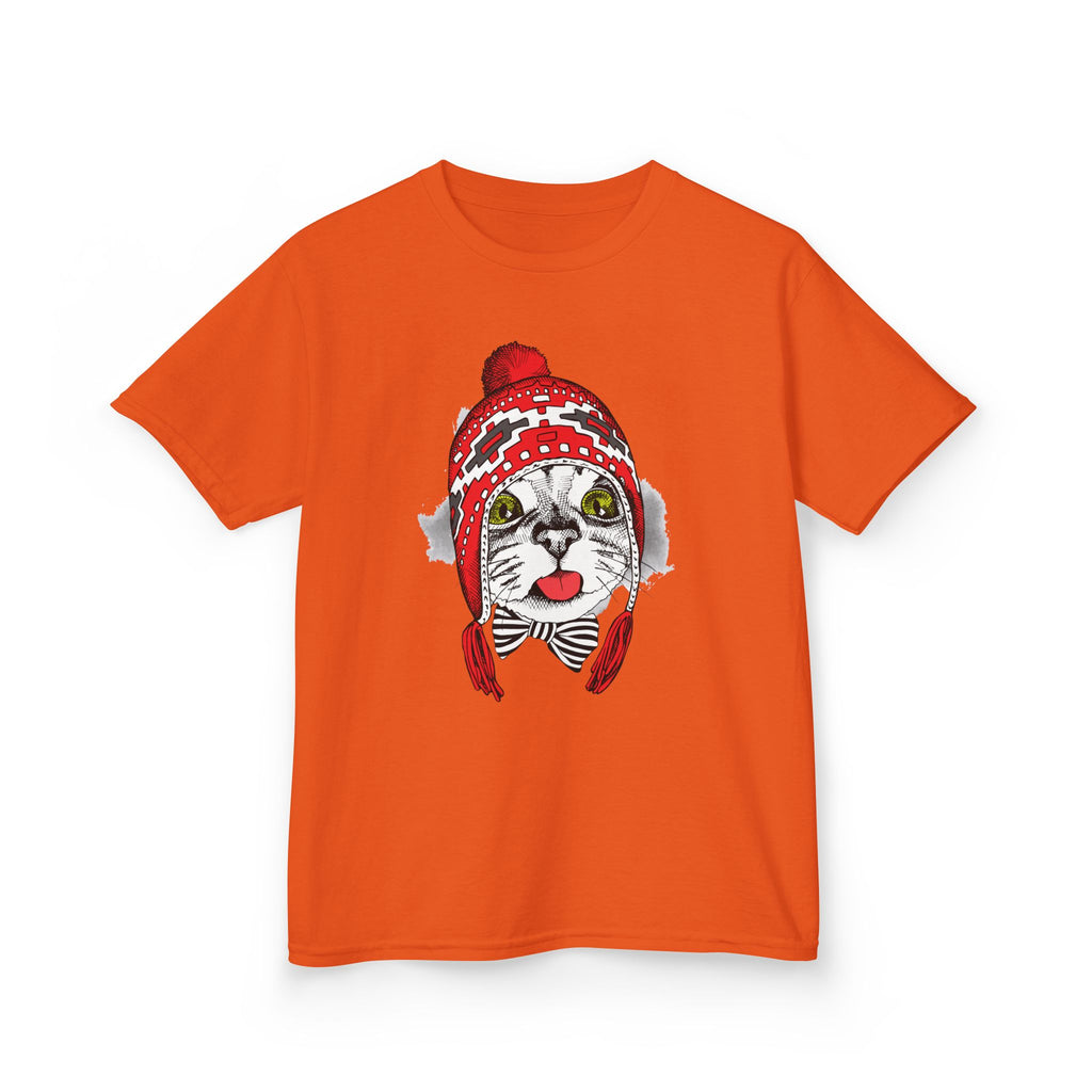 Kids Tee — Cat in Red Winter Hat & Bow Tie Holiday Shirt