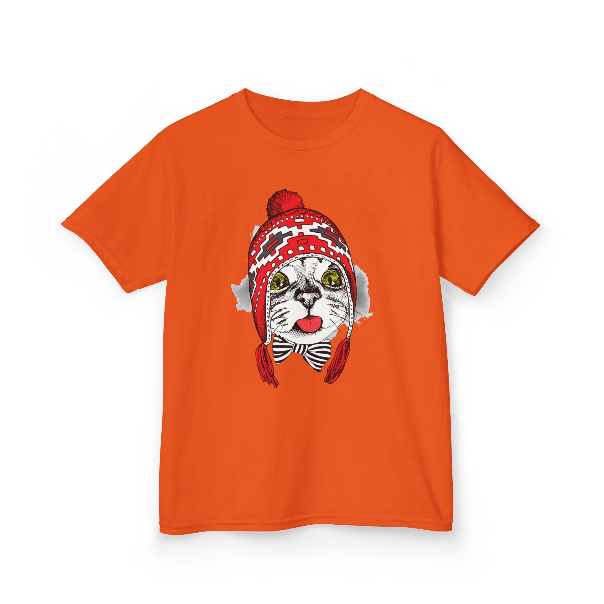 Kids Tee — Cat in Red Winter Hat & Bow Tie Holiday Shirt
