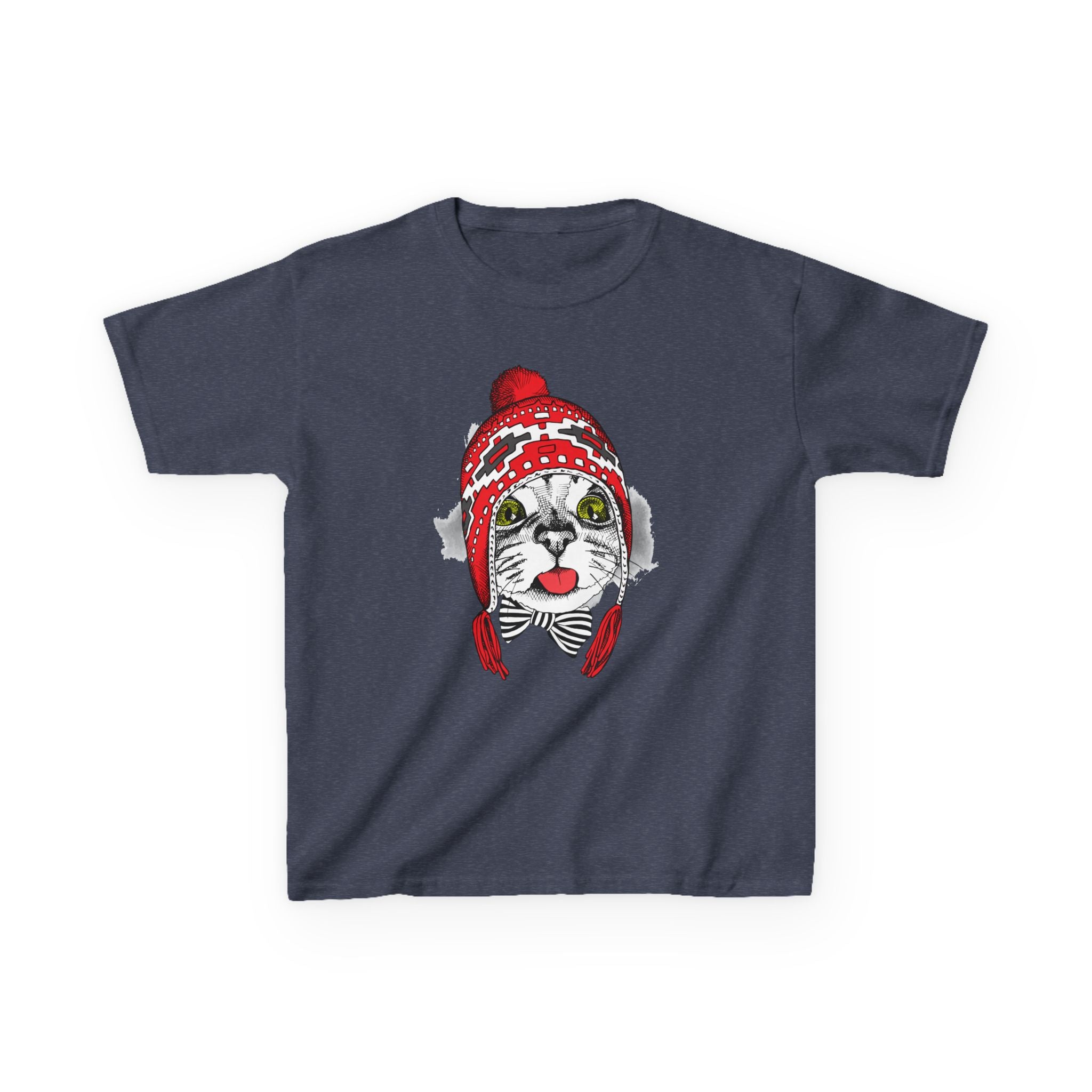 Kids Tee — Cat in Red Winter Hat & Bow Tie Holiday Shirt