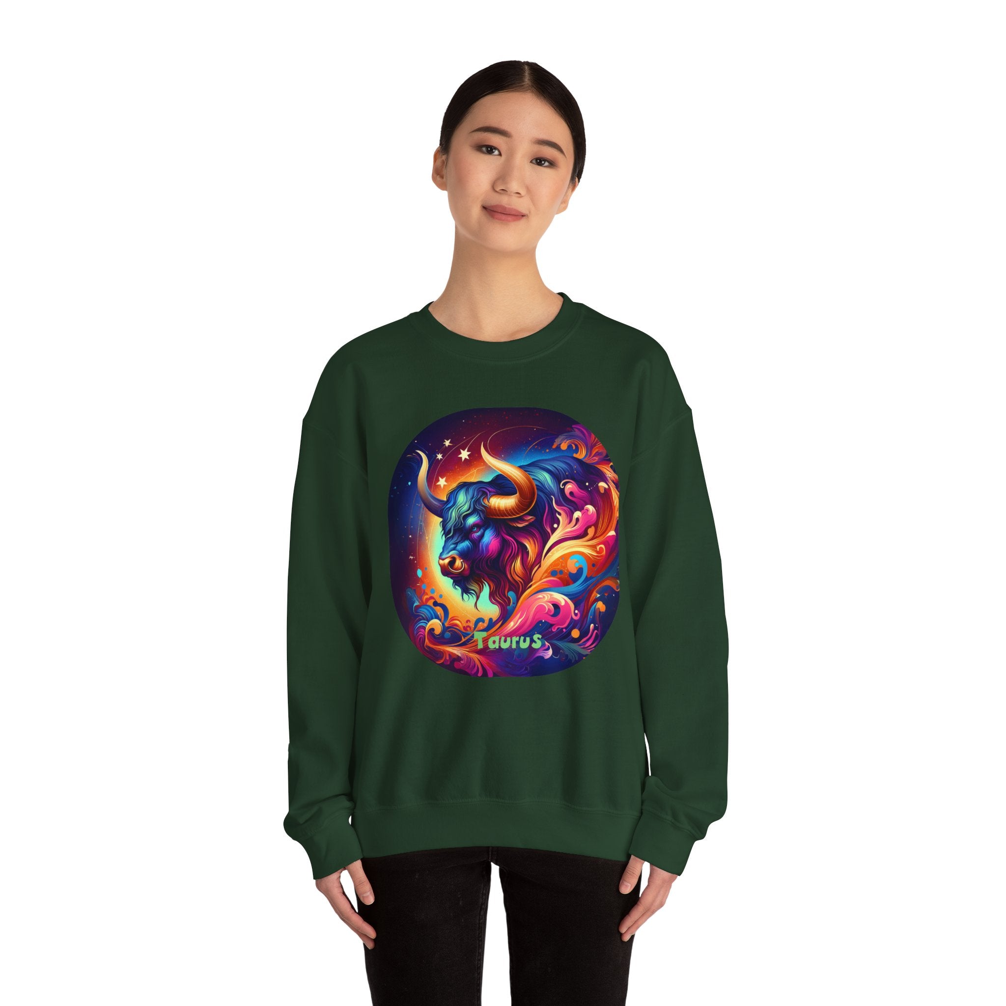 Taurus Zodiac Crewneck Sweatshirt — Vibrant Neon Bull Astrology Sweatshirt