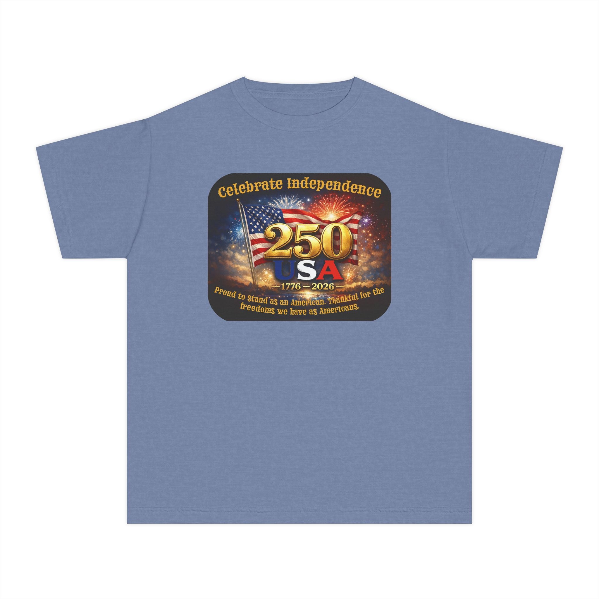 Youth Tee — "Celebrate Independence 250 USA" Patriotic Fireworks T-Shirt