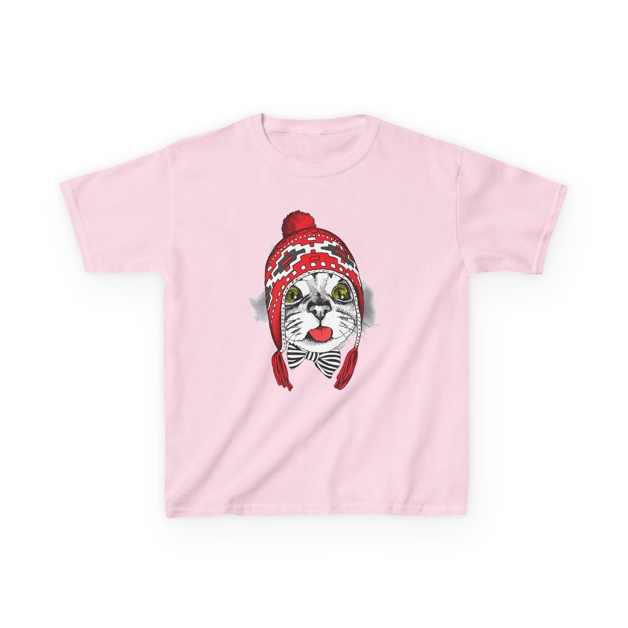 Kids Tee — Cat in Red Winter Hat & Bow Tie Holiday Shirt
