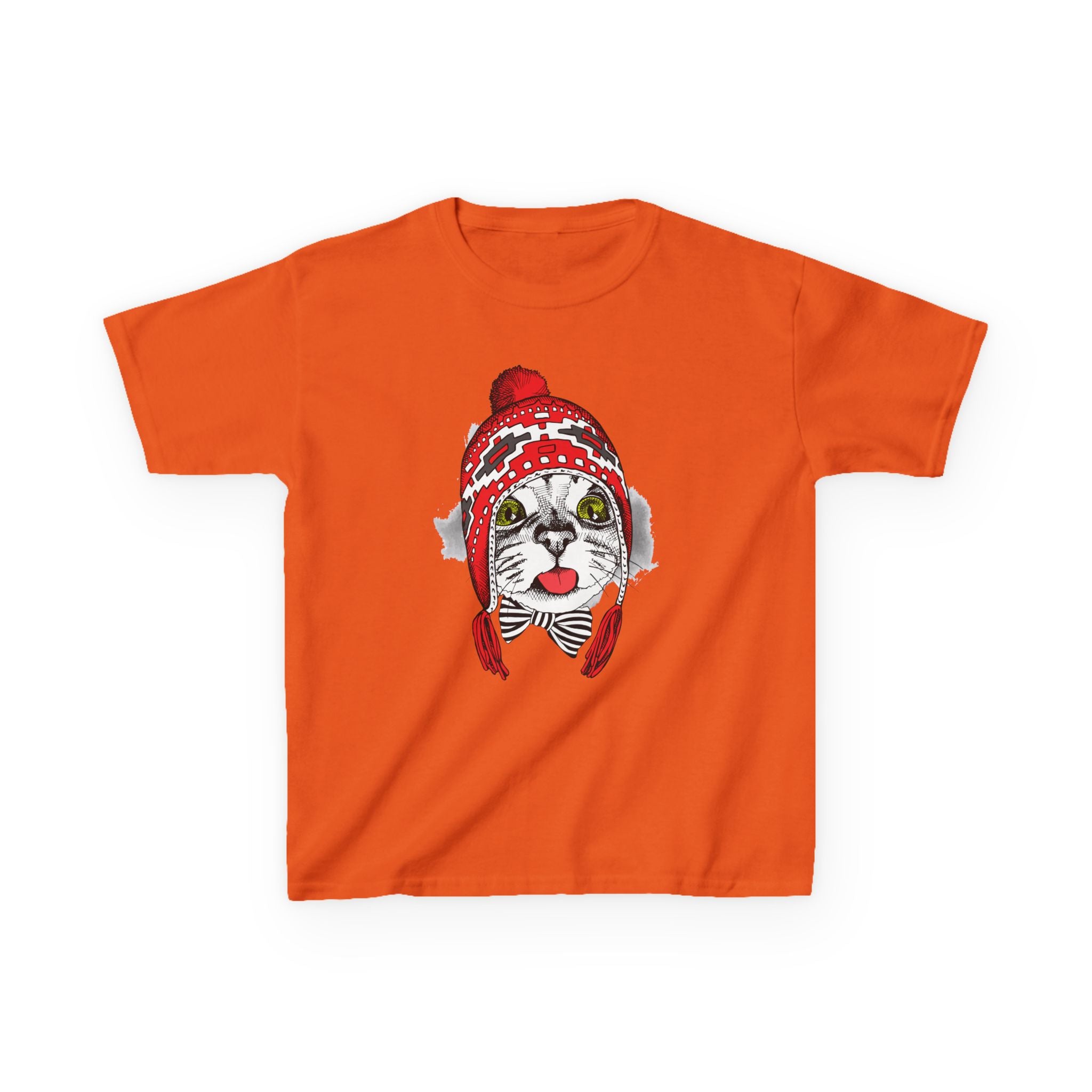 Kids Tee — Cat in Red Winter Hat & Bow Tie Holiday Shirt
