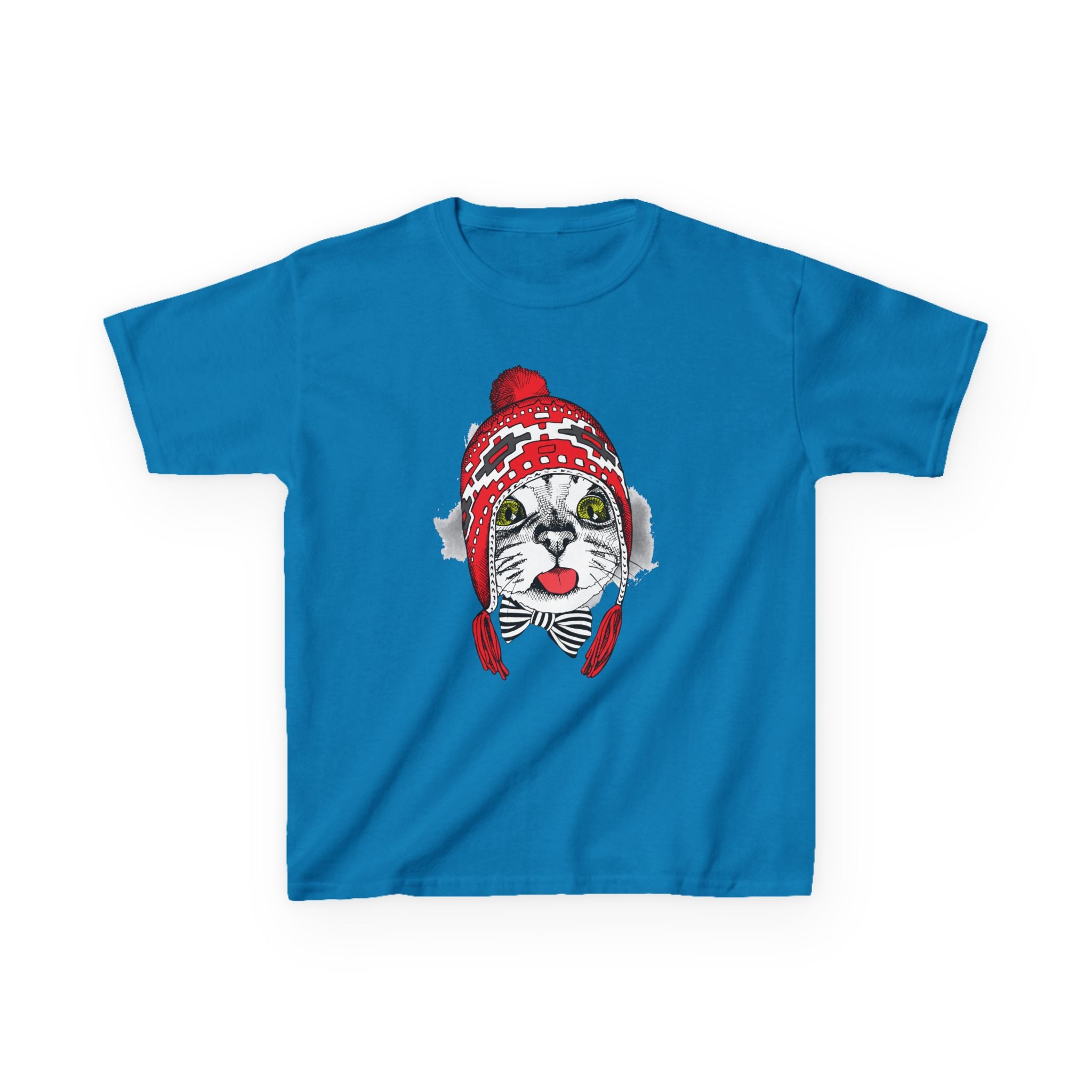 Kids Tee — Cat in Red Winter Hat & Bow Tie Holiday Shirt