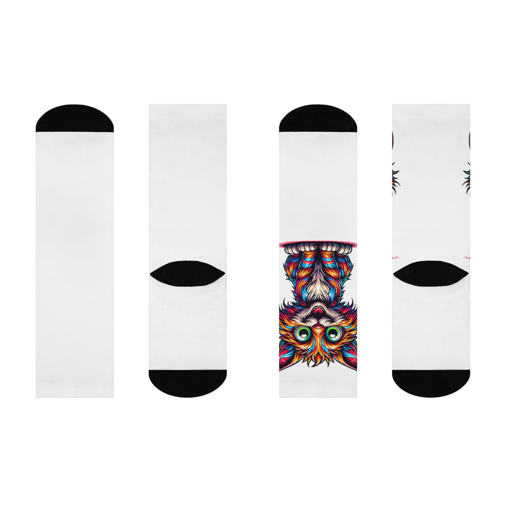 Psychedelic 70s Cat Cushioned Crew Socks — Retro Colorful Vibes