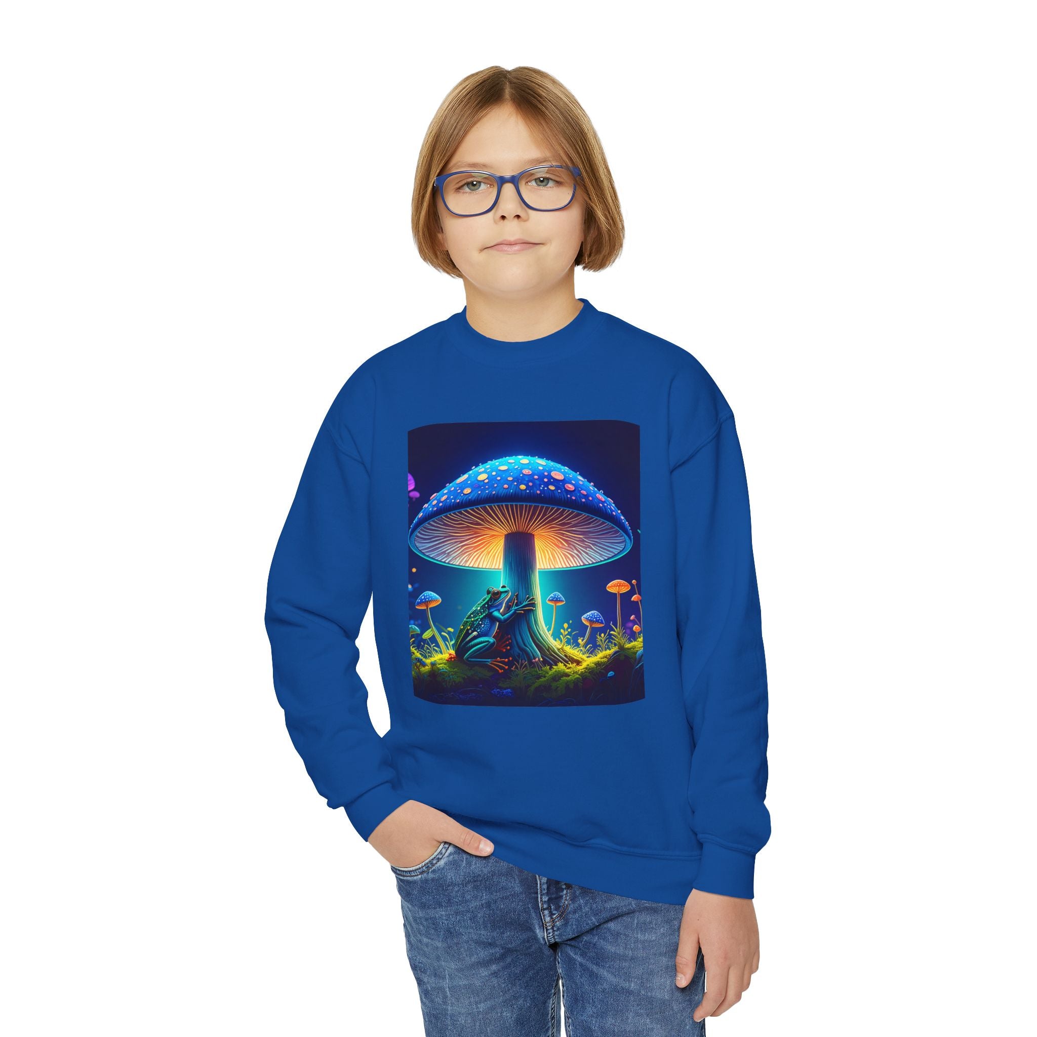 Youth Crewneck Sweatshirt — Neon Mushroom Fantasy Graphic