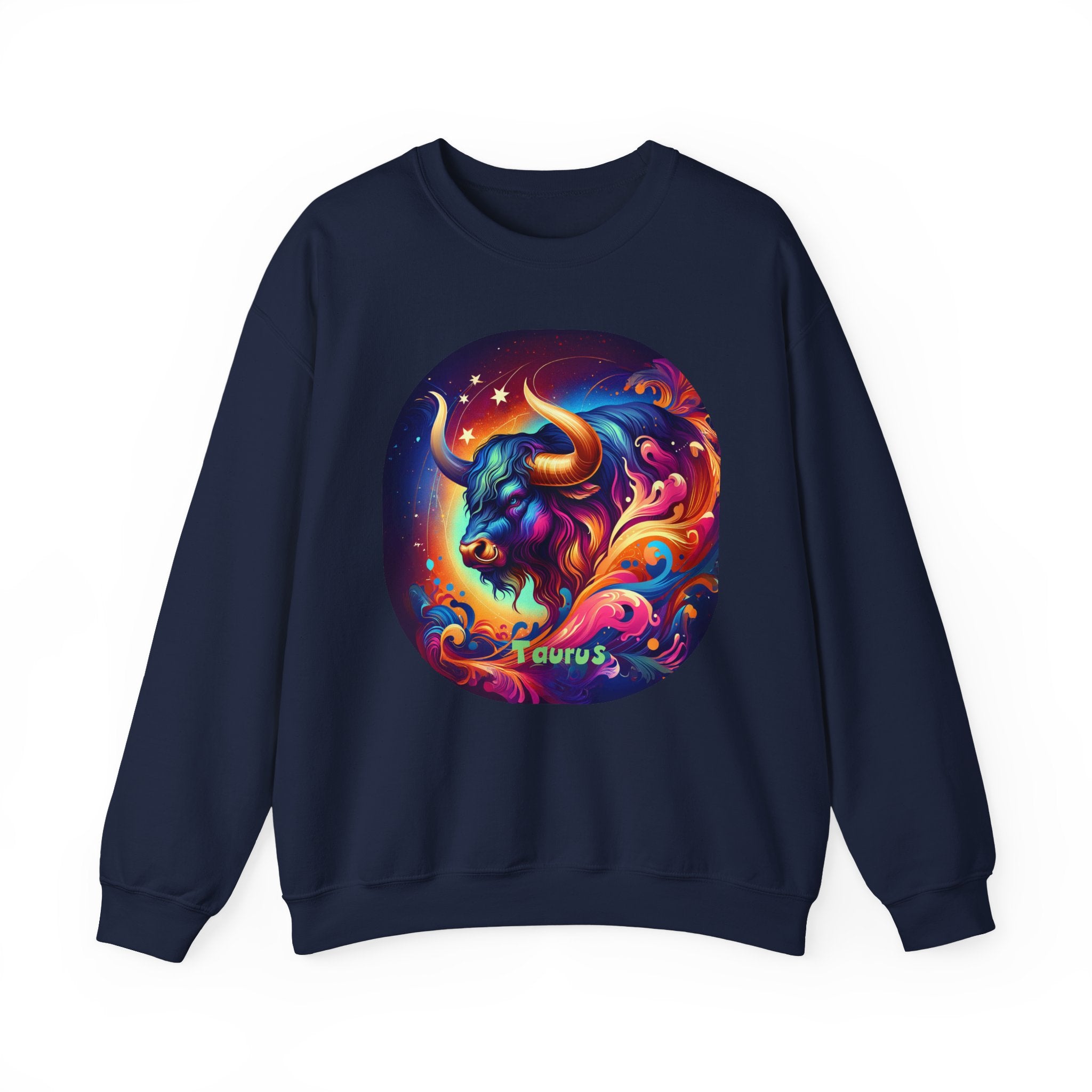 Taurus Zodiac Crewneck Sweatshirt — Vibrant Neon Bull Astrology Sweatshirt