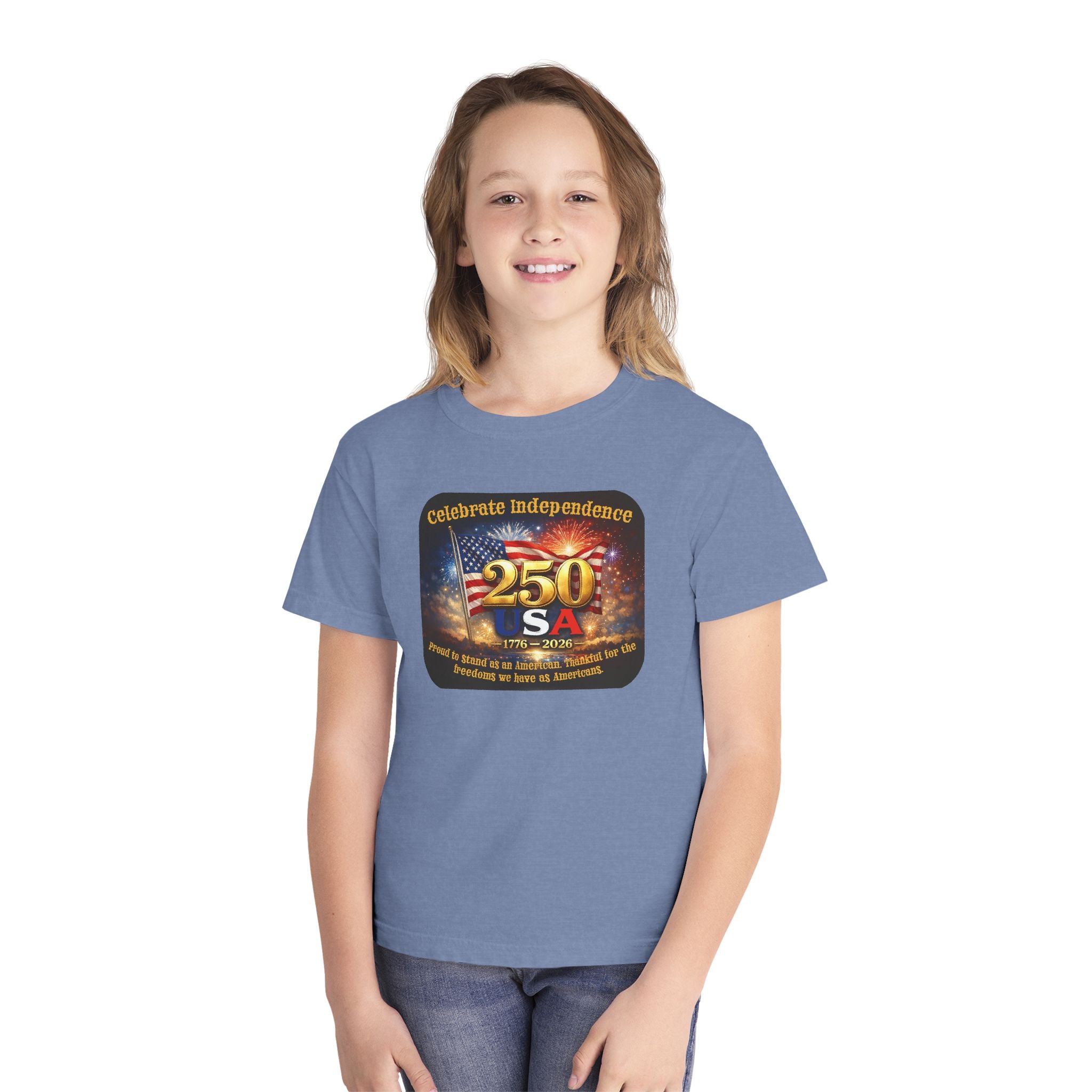 Youth Tee — "Celebrate Independence 250 USA" Patriotic Fireworks T-Shirt