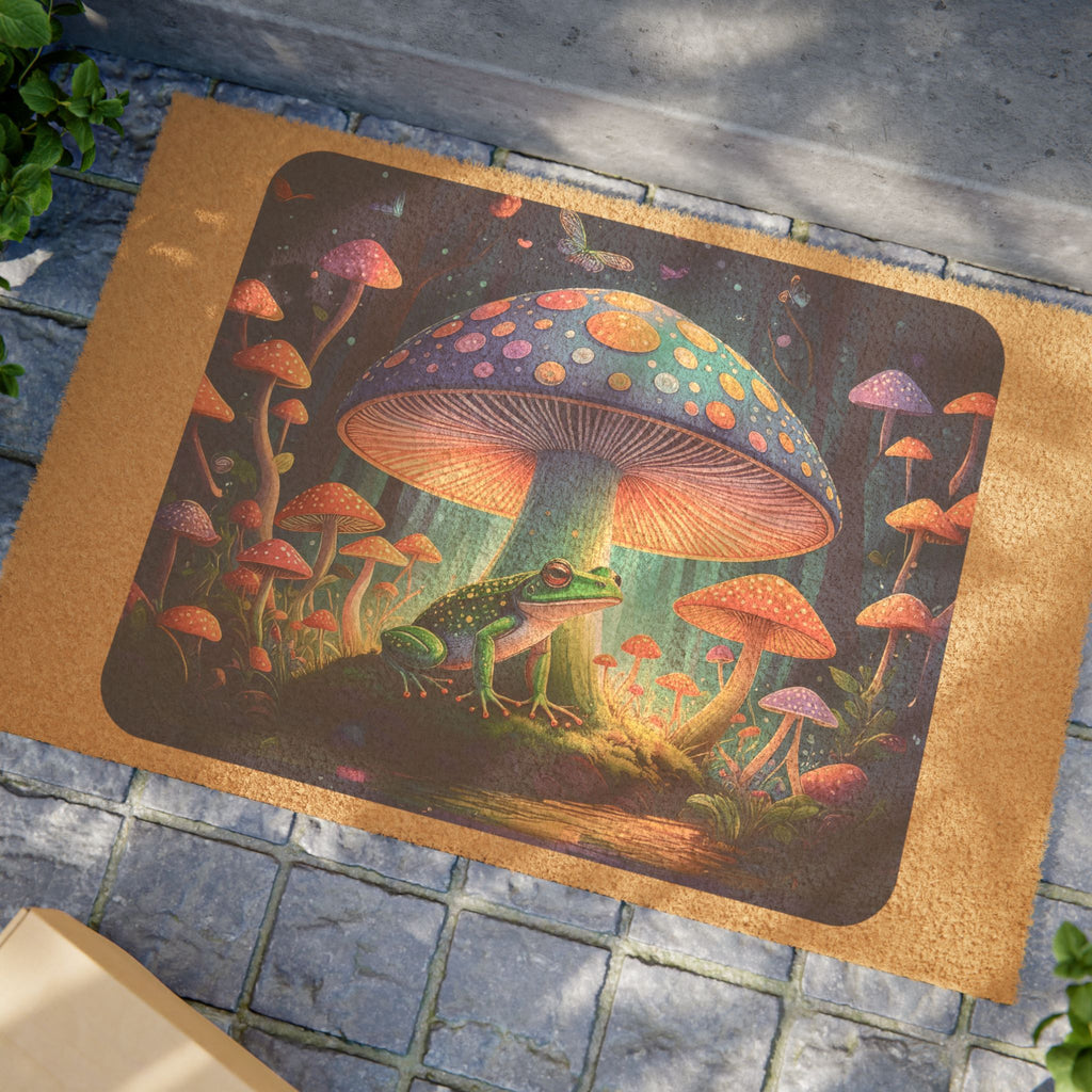 Magical Mushroom Frog Doormat — Whimsical Forest Welcome Mat